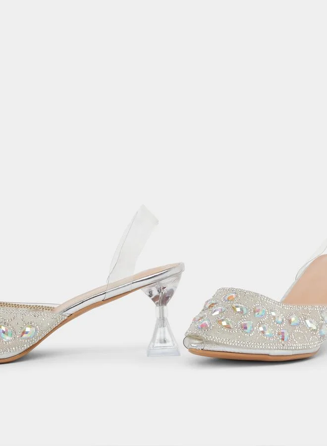Take Two Embellished Transparent Kitten Heel Sandals